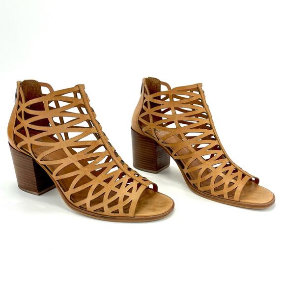 Vince Camuto Open Toe Bootie Sz 10 Tan/Brown Cut-Out Leather Stacked Block Heel - Picture 2 of 16